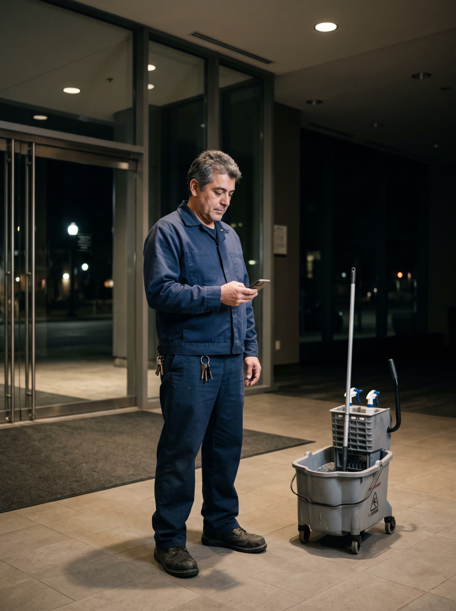 A janitorial worker checking their phone at the start of a shift