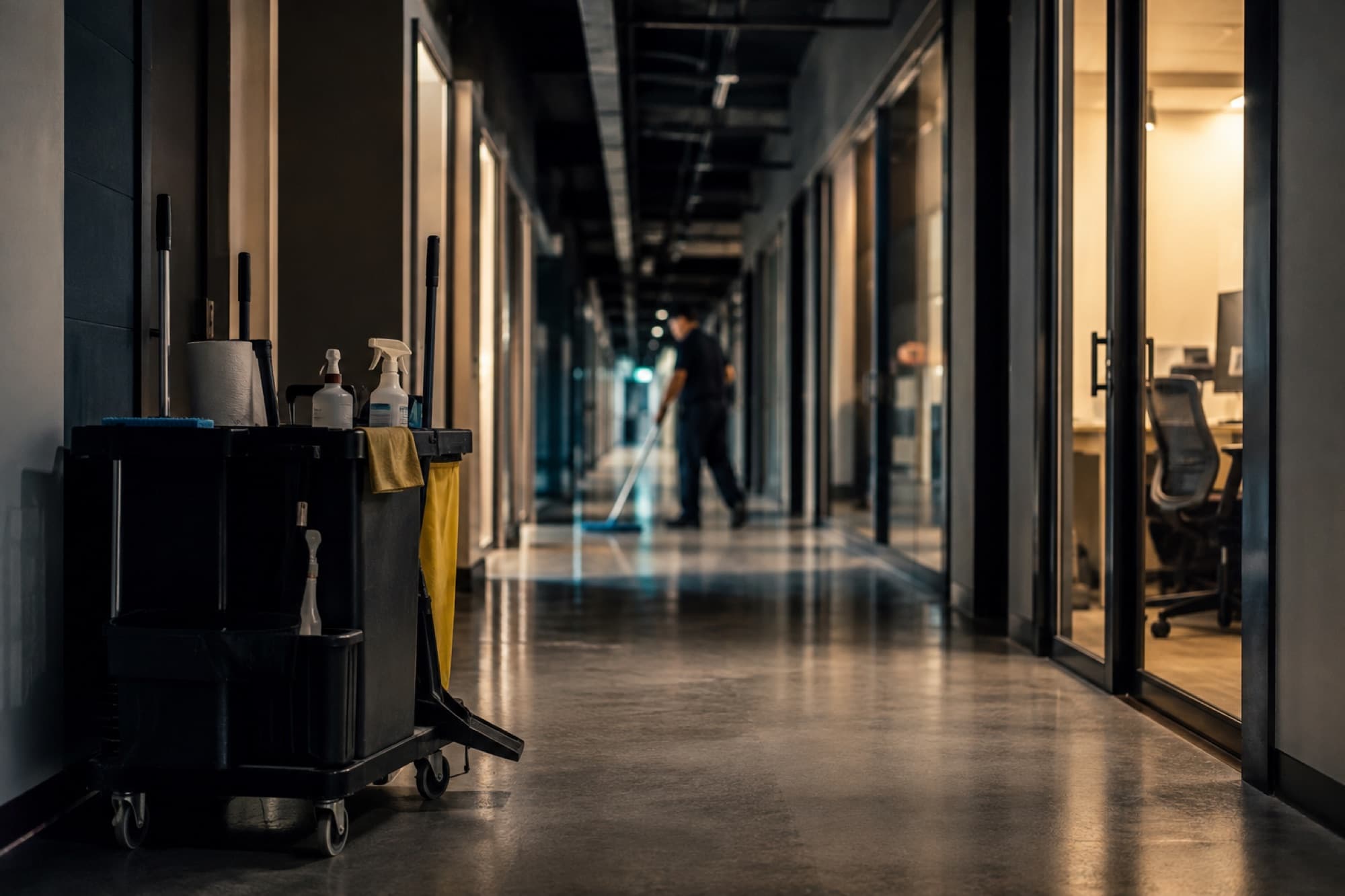 An office corridor being cleaned, with a janitorial cart in the foreground