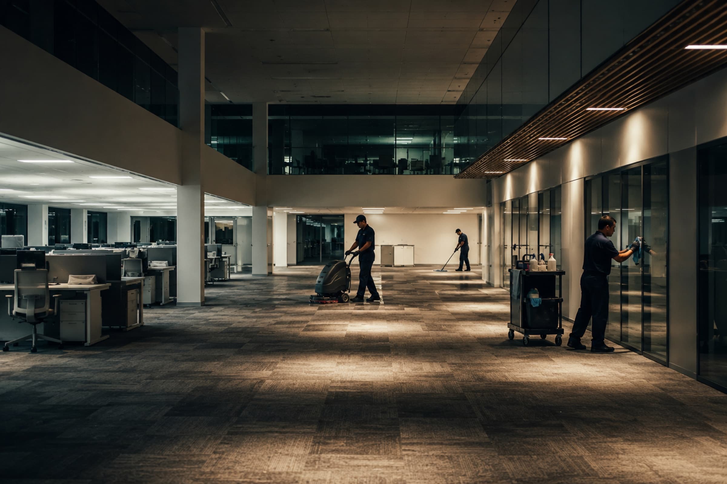 A commercial cleaning team working across a large facility